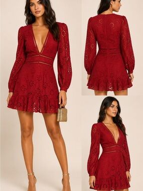 NWT Revolve  Lovers + Friends Jain Eyelet Mini Dress Red Size Small